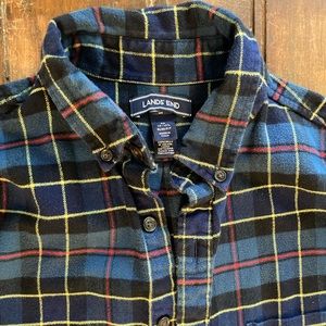 Lands End Cotton Flannel, Slim Fit Medium 15-15.5, blue red yellow plaid